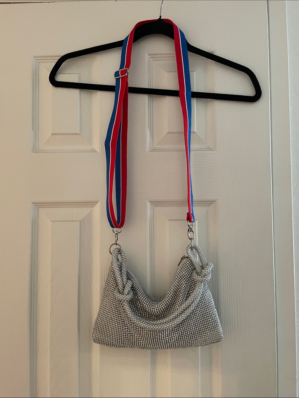 Silver Rhinestone Shoulder Bag with Red & Blue Strap